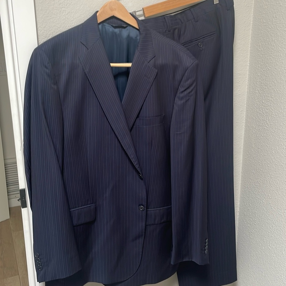 Men’s 2 piece suit. Zenga navy wool with blue pinstripes